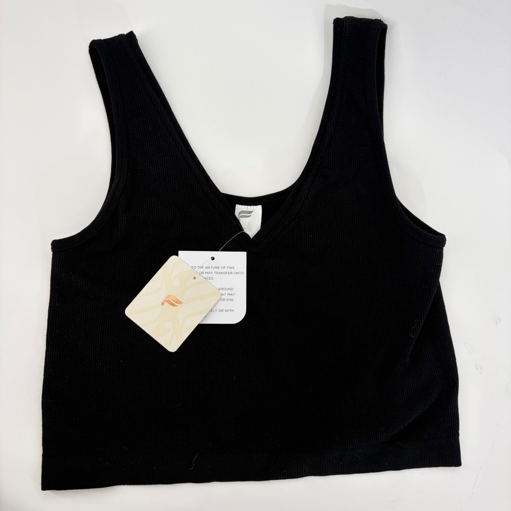 Fabletics Cloud Seamless V-Neck Crop Tank Black Ribbed Yoga Top Large NEW